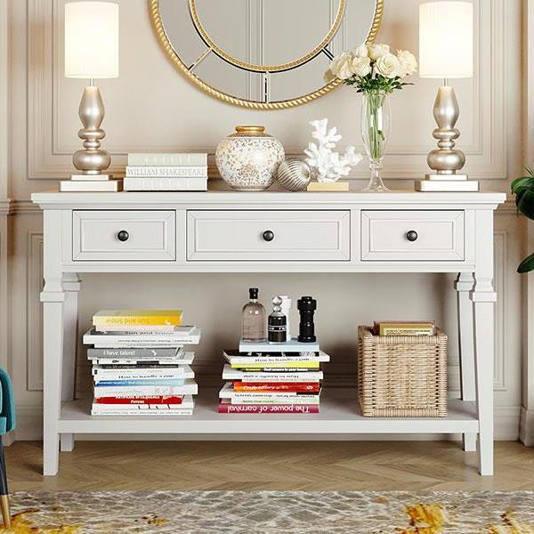 Classic Retro Style Console Table with Three Top Drawers and Open Style Bottom Shelf, Easy Assembly (Antique White)