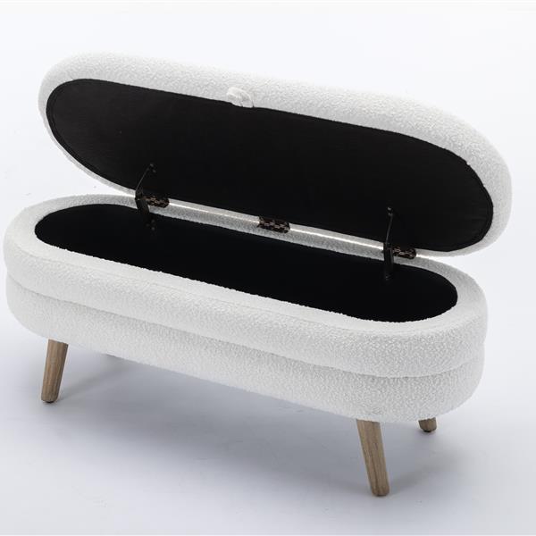 036-Boucle Fabric Storage Bench Bedroom Bench With Wood Legs For Living Room Bedroom Indoor,Ivory