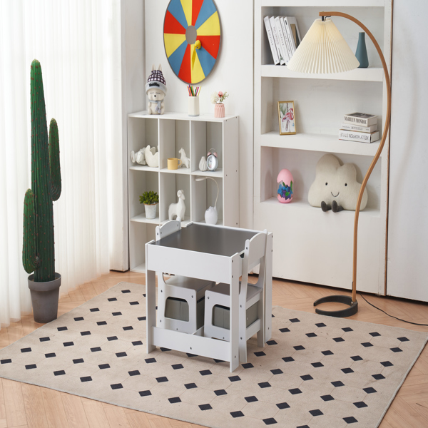 Children's Wooden Table And Chair Set With Two Storage Bags (One Table And Two Chairs) Grey And White