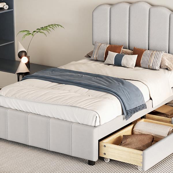 Twin Size Upholstered Bed with 2 Storage Drawers,Wood Slat Support, Beige