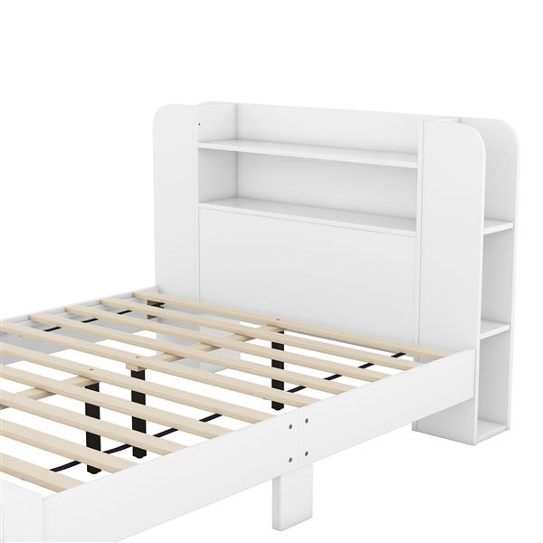 Full Size Platform Bed with Storage Headboard,Multiple Storage Shelves on Both Sides,White