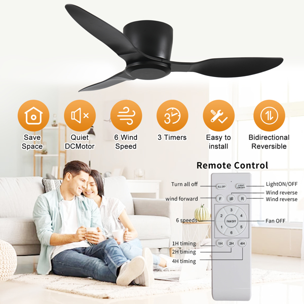 42" Flush Mount Ceiling Fan without light, 3 Reversible Blades, with 6 Speeds Reversible DC Motor,Low Profile Ceiling Fan with no light for Living Room Kitchen Bedroom