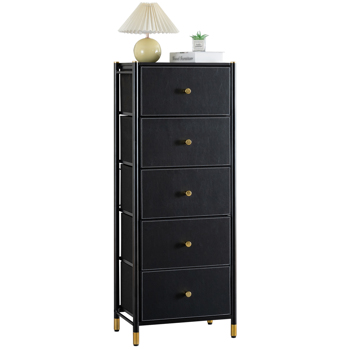 Drawer Dresser cabinet, Tall Dresser with 5 PU Leather Front Drawers, Storage Tower with Fabric Bins, Double Dresser, Chest of Drawers for Closet, Living Room, Hallway, Children\\'s Room, color:Black