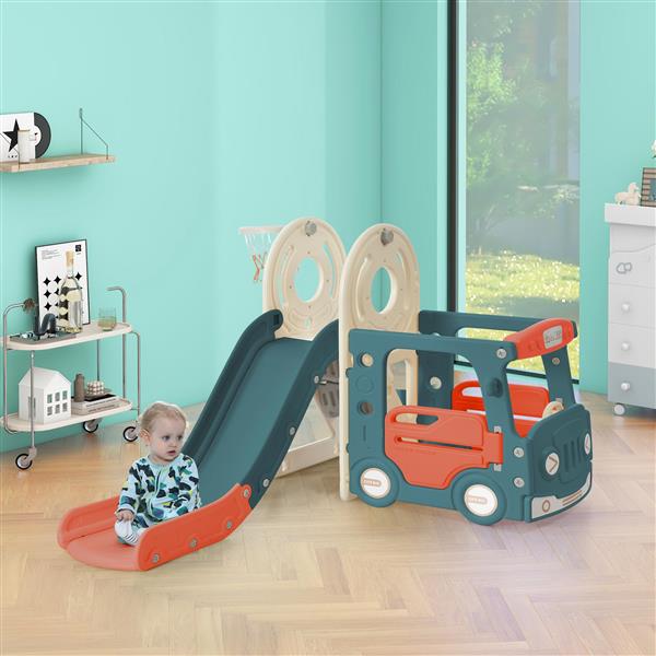 Kids Slide with Bus Play Structure,  Bus Toy with Slide for Toddlers, Bus Slide Set with Basketball Hoop