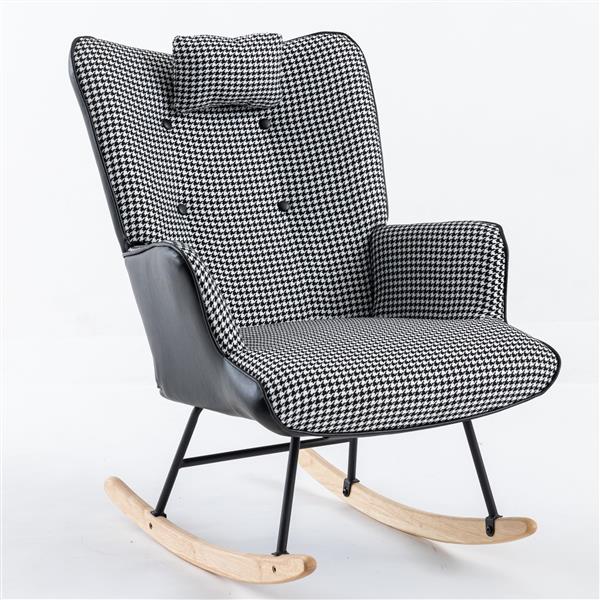 35.5 inch Rocking Chair, Soft Houndstooth Fabric Leather Fabric Rocking Chair for Nursery, Comfy Wingback Glider Rocker with Safe Solid Wood Base for Living Room Bedroom Balcony (black)