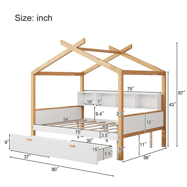 White Full Size Wooden House Bed Original Wood Colored Frame with Two Drawers and Bookshelf Storage Space for Children or Guest Room