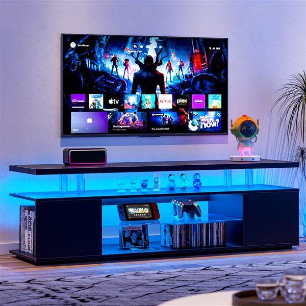 TV Stand for 70 Inch TV LED Gaming Entertainment Center Media Storage Console Table with Large Side Cabinet for Living Room(Black)