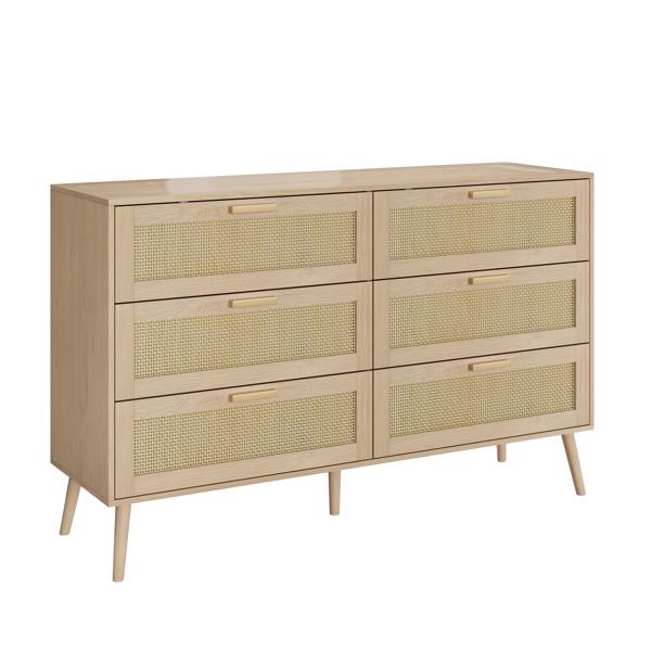 Rattan 6 Drawers Chest of Dressers for Bedroom, Modern 6 Drawer Dresser, Wide Chest of Drawers with wood Handles, Rattan Dresser Storage Cabinet for Living Room, Bedroom, Hallway 