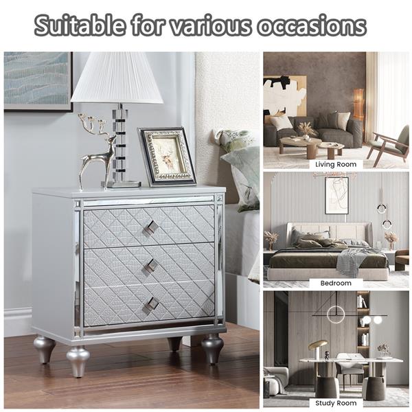 Contemporary Nightstands with mirror frame accents, Bedside Table with two drawers and one hidden drawer, End Table with Crystal Pull for Living Room,Bedroom, Silver