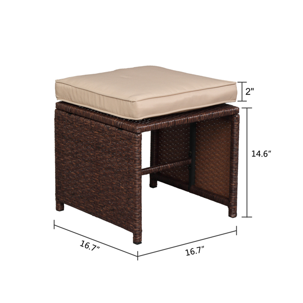 9 Pieces Wood Grain PE Wicker Rattan Dining Ottoman with Tempered Glass Table Patio Furniture Set