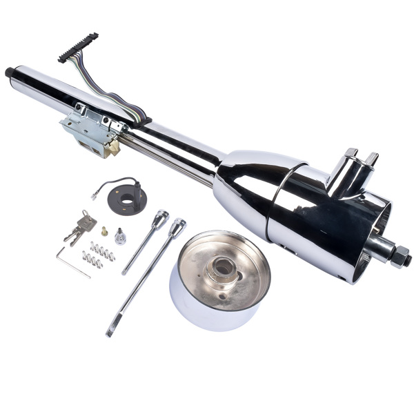 Chrome 28" Tilt Street Rod Floor Shift Steering Column with Key, 9-Hole Adapter