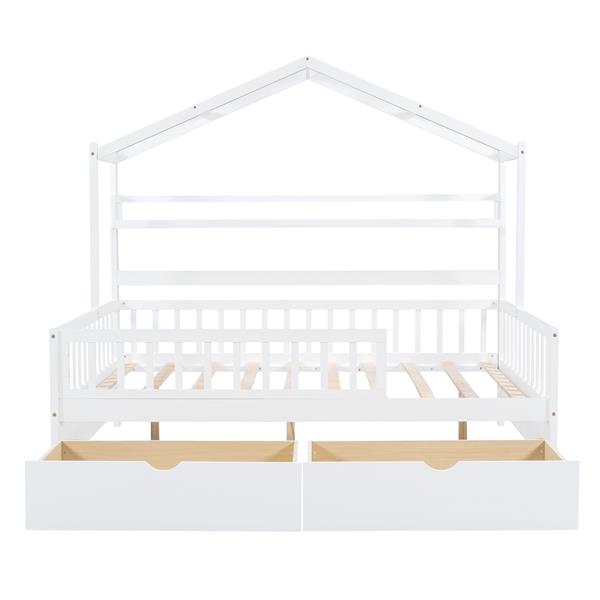 Wooden Full Size House Bed with 2 Drawers,Kids Bed with Storage Shelf, White