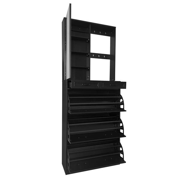 Multi-functional Shoe Cabinet with 3 Flip Drawers, Elegant Hall Tree with Mirror, Freestanding Entryway Organizer Shoe Rack with 6 Hanging Hooks for Hallway, Black