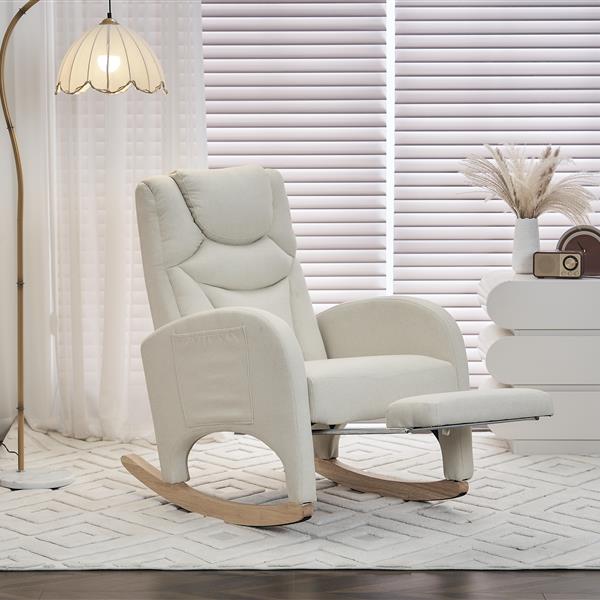 052-Cotton Linen Fabric Nursery Rocking Chair With Adjustable Footrest,Beige