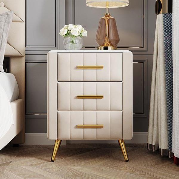 Upholstered Wooden Nightstand with 3 Drawers and Metal Legs&Handles,Fully Assembled Except Legs&Handles,Bedside Table with Marbling Worktop - Beige