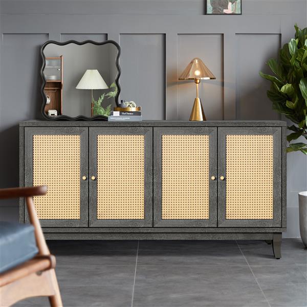 Handcrafted Premium Grain Panels,Rattan Sideboard Buffer Cabinet With 4 Rattan Doors, Modern Storage Cupboard Console Table with Adjustable Shelves for Living Room(Antique Dark  Gray)