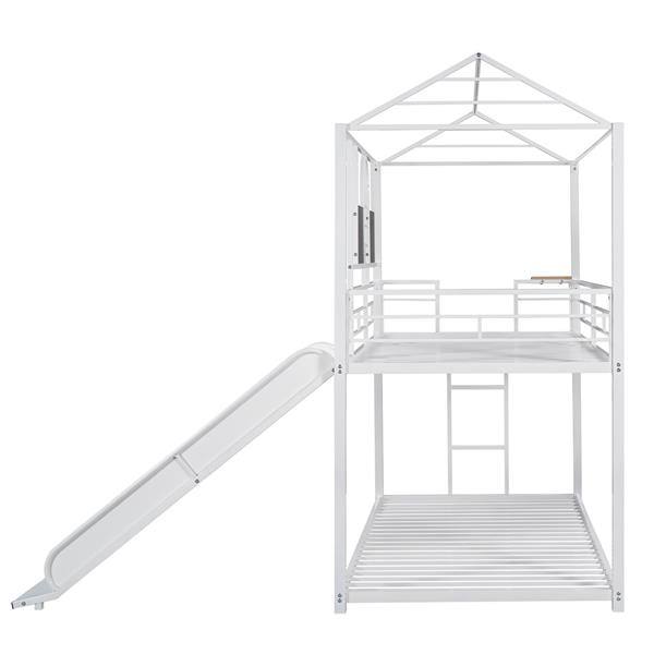 Twin Over Twin Metal Bunk Bed ,Metal Housebed With Slide,Three Colors Available.(White with White  Slide)