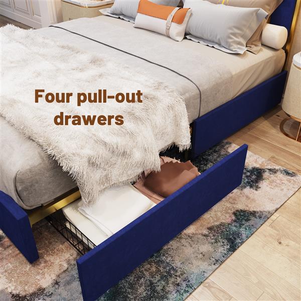 Queen Size Bed Frame and 59.06" Headboard, Upholstered Bed with lden Plating Trim, Modern Platform Bed No Box Spring Needed, Navy Blue Queen Bed