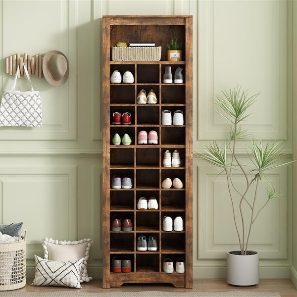 Stylish Design 30 Shoe Cubby Console, Contemporary Shoe Cabinet with Multiple Storage Capacity, Free Standing Tall Cabinet with Versatile Use for Hallway,  Bedroom, Rustic Brown