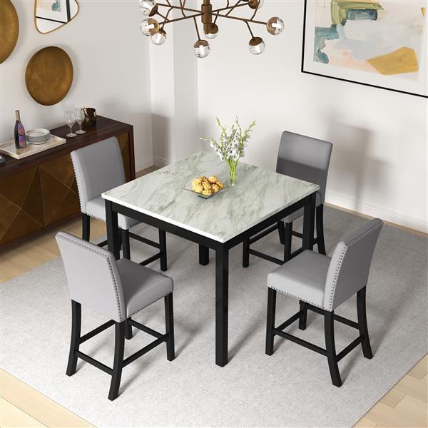 5 Piece Dining Table and Chair Set, Wooden Dining Table and Chair with 4 Chairs for Small Spaces, Modern Square Counter Height Dining Table, Compact Mid-Century Modern Home Table and Chair Set, Uphols