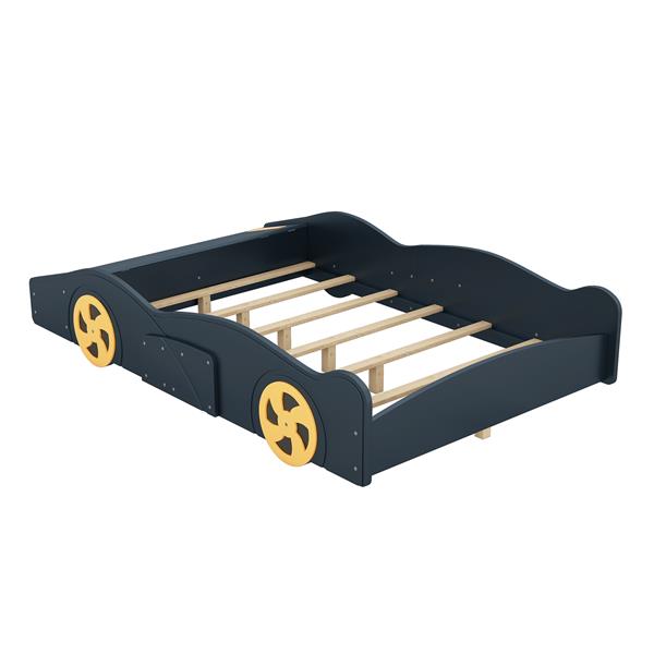 Full Size Race Car-Shaped Platform Bed with Wheels and Storage, Dark Blue+Yellow