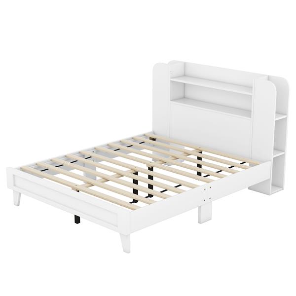 Full Size Platform Bed with Storage Headboard,Multiple Storage Shelves on Both Sides,White