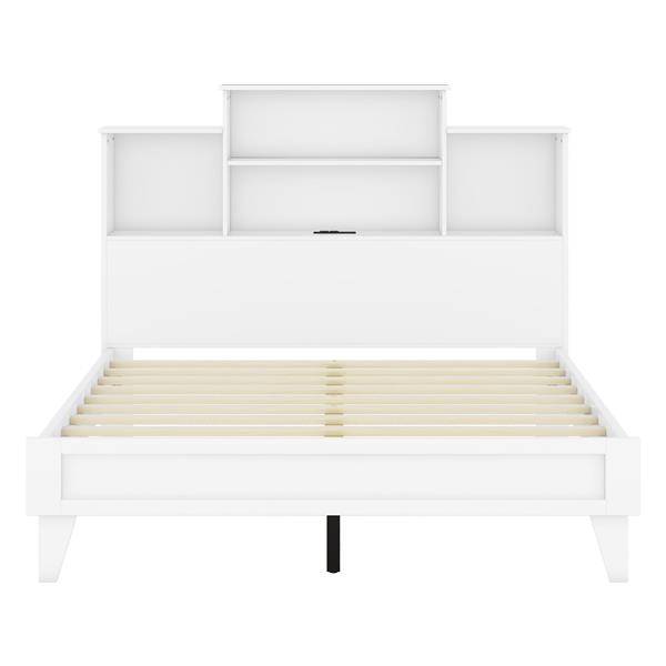 Queen Size Storage Platform Bed Frame with 4 Open Storage Shelves and USB Charging Design,White