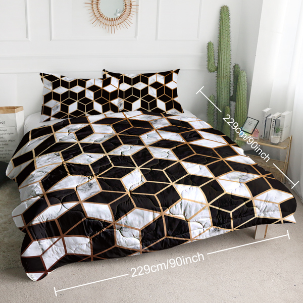 3PCS Comforter Geometric Cube Bedding Set Queen Size Black White Gold Reversible