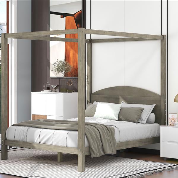 Queen Size Canopy Platform Bed with Headboard and Support Legs,Brown Wash