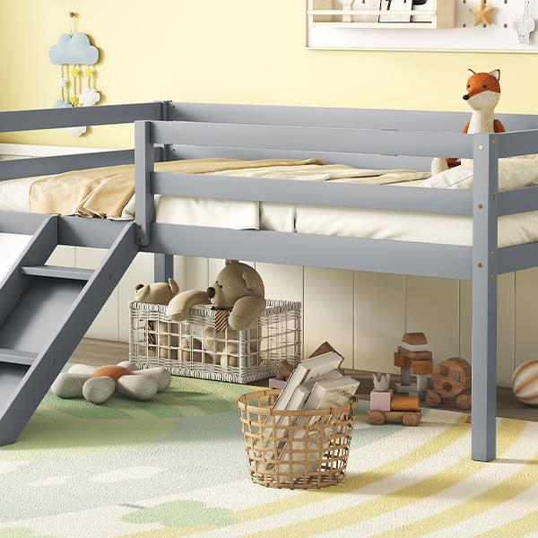 Twin Low Loft Bed with Slide,  Ladder, Safety Guardrails, No Box Spring Needed,Grey