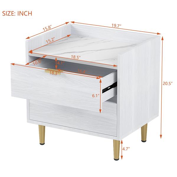 Wooden Nightstand with 2 Drawers and Marbling Worktop, Mordern Wood Bedside Table with Metal Legs&Handles,White