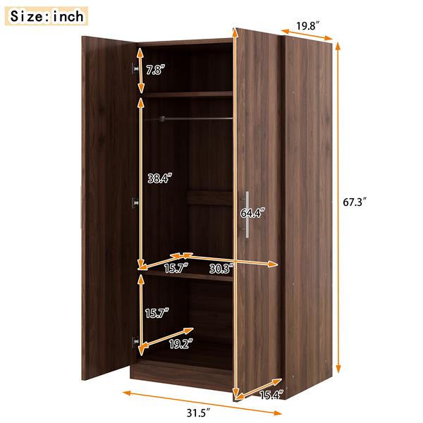 2-Door Wooden Wardrobe Armoire with 3 Storage Shelves, Brown