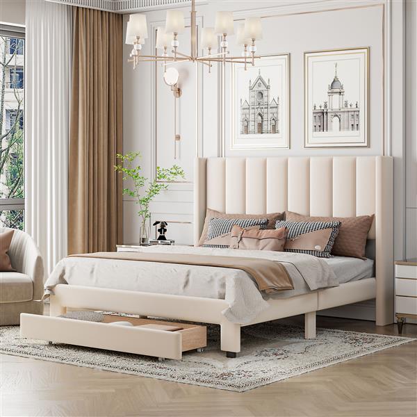 Queen Size Storage Bed Velvet Upholstered Platform Bed with a Big Drawer - Beige