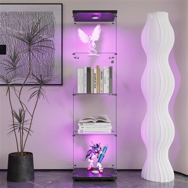 LED lights  Glass Display Cabinet 4 Shelves with Door, Floor Standing Curio Bookshelf for Living Room Bedroom Office, 64.7"*16.7"*14.3", Black