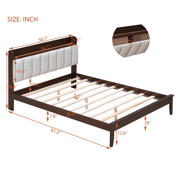 Full size Platform Bed with USB Charging Station and Storage Upholstered Headboard,LED Bed Frame,No Box Spring Needed,Walnut+Beige