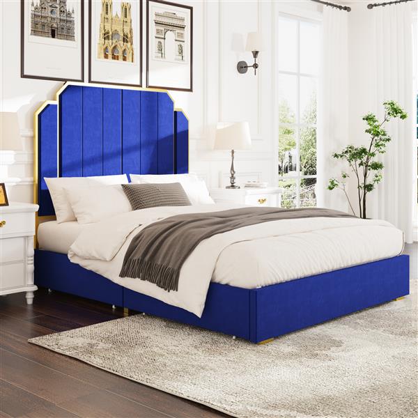 Queen Size Bed Frame and 59.06" Headboard, Upholstered Bed with lden Plating Trim, Modern Platform Bed No Box Spring Needed, Navy Blue Queen Bed