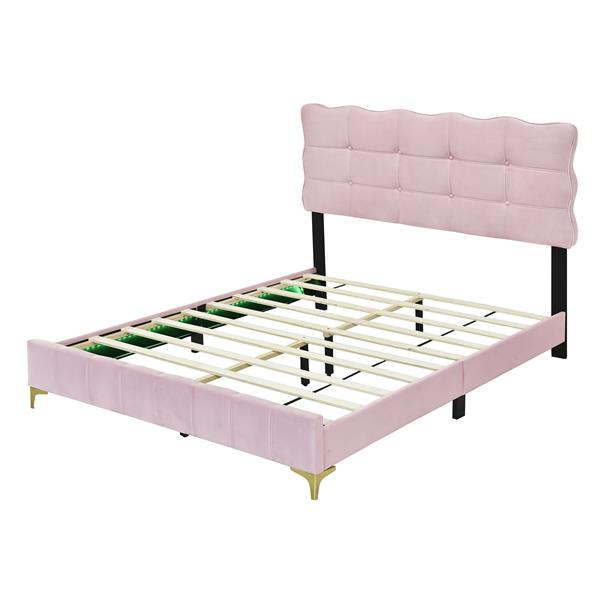 Queen Size Velvet Platform Bed with LED Frame and Stylish Mental Bed Legs, Pink