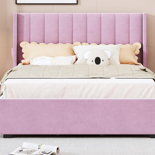 Full Size Upholstered Bed with 4 Drawers, Pink