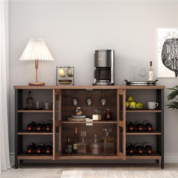 Industrial Wine Bar Cabinet, Liquor Storage Credenza, Sideboard with Wine Racks & Stemware Holder (Hazelnut Brown, 55.12''w x 13.78''d x 30.31' ' h)