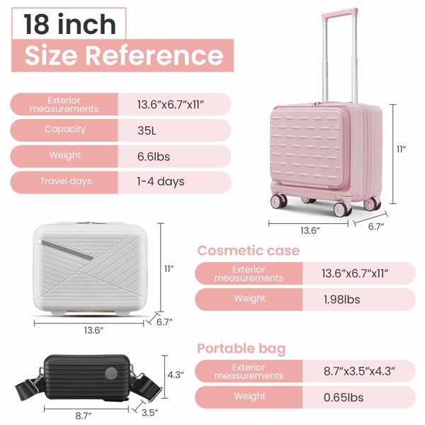 18" Carry On Luggage with Front Open Door &Laptop Interlayer, Hard Shell Suitcase Built-In TSA Luggage Lock, Hardside Lightweight PC Travel Suitcase for Women Men with Spinner Wheels Airline Approved 