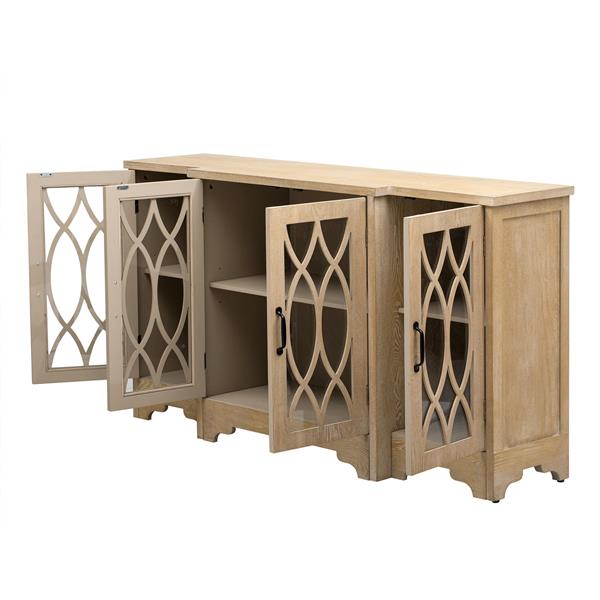 Retro Sideboard Glass Door with Curved Line Design Ample Storage Cabinet with Black Handle and Three Adjustable Shelves for Dining Room and Kitchen (Natural Wood)