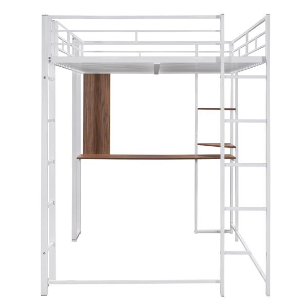 Full Size Metal Loft Bed with 2 Shelves and one Desk ,White