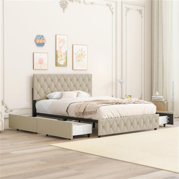 Queen Size Upholstered Platform Bed Frame with 4 Storage Drawers, Adjustable Linen Headboard, Wooden Slats Support, No Box Spring Needed, Easy Assembly, Light Beige