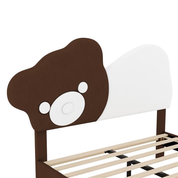 Full Size Upholstered Platform Bed with Bear Shaped Headboard, LED Light Strips, White + Brown