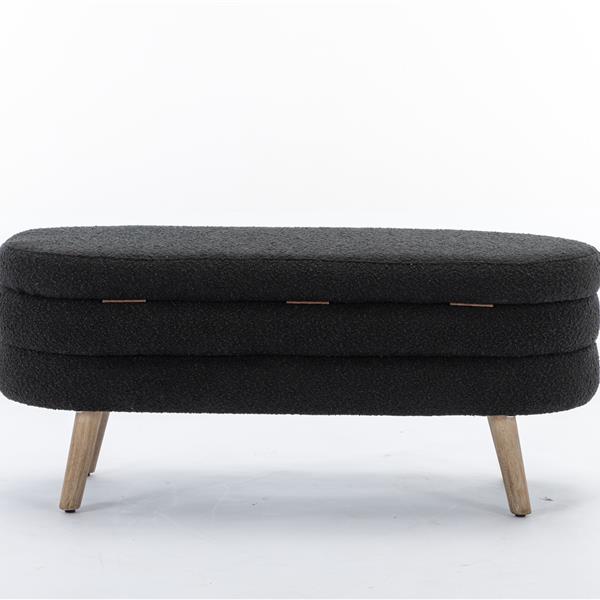 036-Boucle Fabric Storage Bench Bedroom Bench With Wood Legs For Living Room Bedroom Indoor,Black