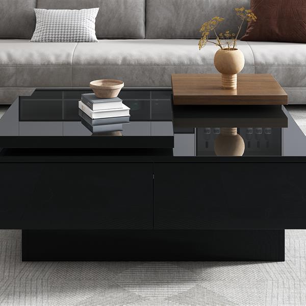 Movable Top Coffee Table, Modern Square Wood Coffee Table with High Gloss finish, 4 Hidden Storage Drawers for Living Room