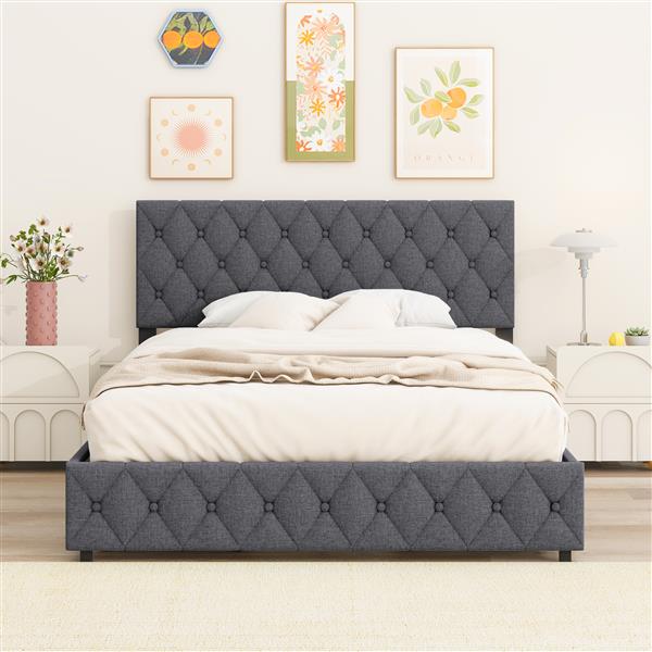 Full Size Upholstered Platform Bed Frame with 4 Storage Drawers, Adjustable Linen Headboard, Wooden Slats Support, No Box Spring Needed, Easy Assembly,Grey