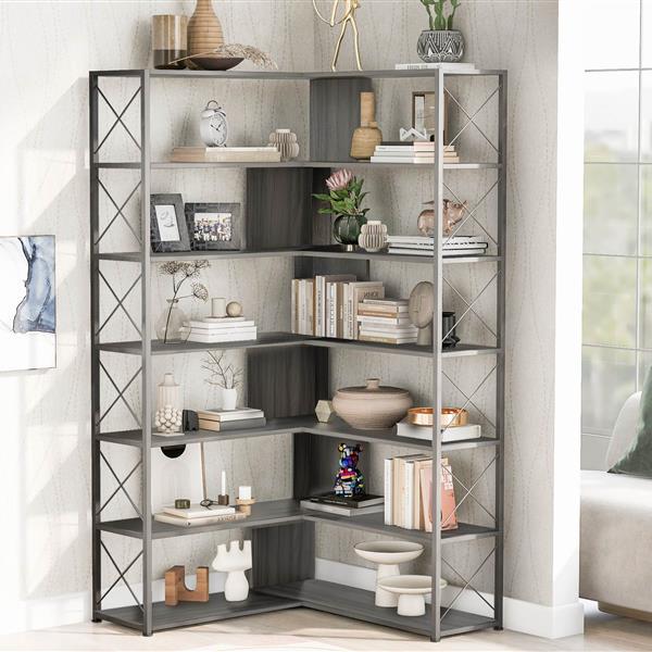 Silver+Grey 7-Tier Bookcase Home Office Bookshelf,  L-Shaped Corner Bookcase with Metal Frame, Industrial Style Shelf with Open Storage, MDF Board