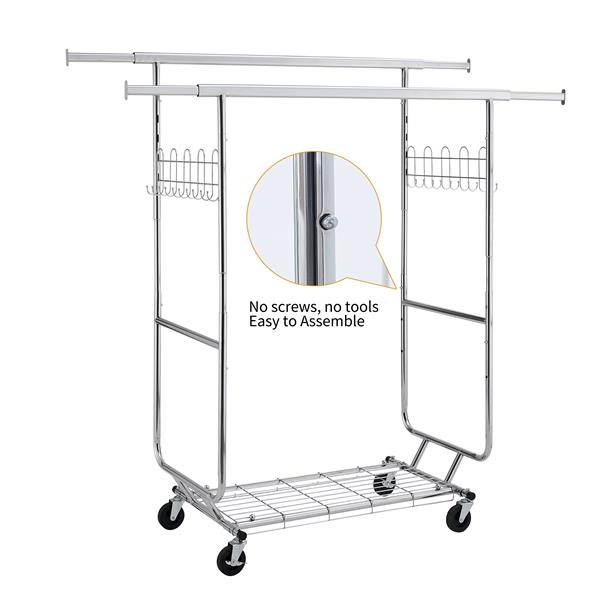 Double Clothing Garment Rack with Shelves Capacity 800lbs Clothing Racks on Wheels Rolling Clothes Rack for Hanging Clothes Heavy Duty Portable Collapsible Commercial Garment Rack