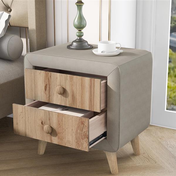 Upholstered Wooden Nightstand with 2 Drawers,Fully Assembled Except Legs and Handles,Bedside Table with Rubber Wood Leg-Beige